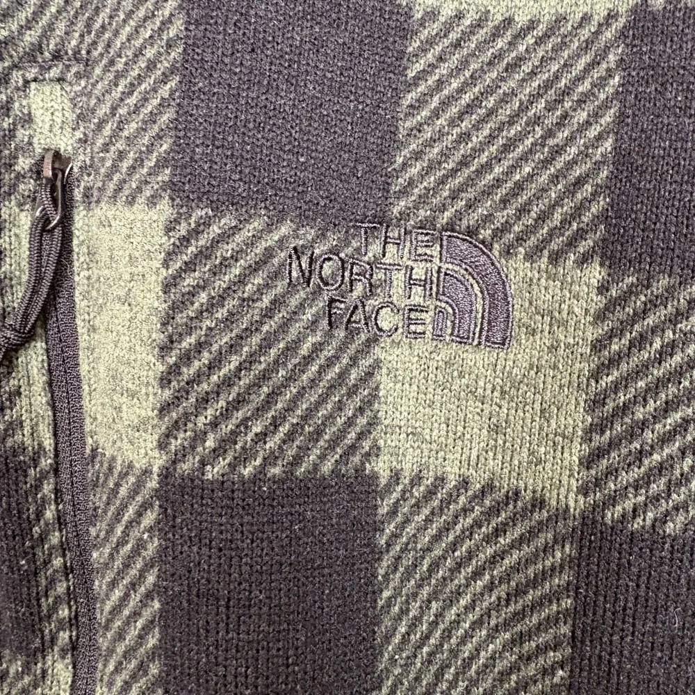 The North Face Mens 1/4 Zip Fleece Sweater XXL Green Plaid Pocket Elbow Patches